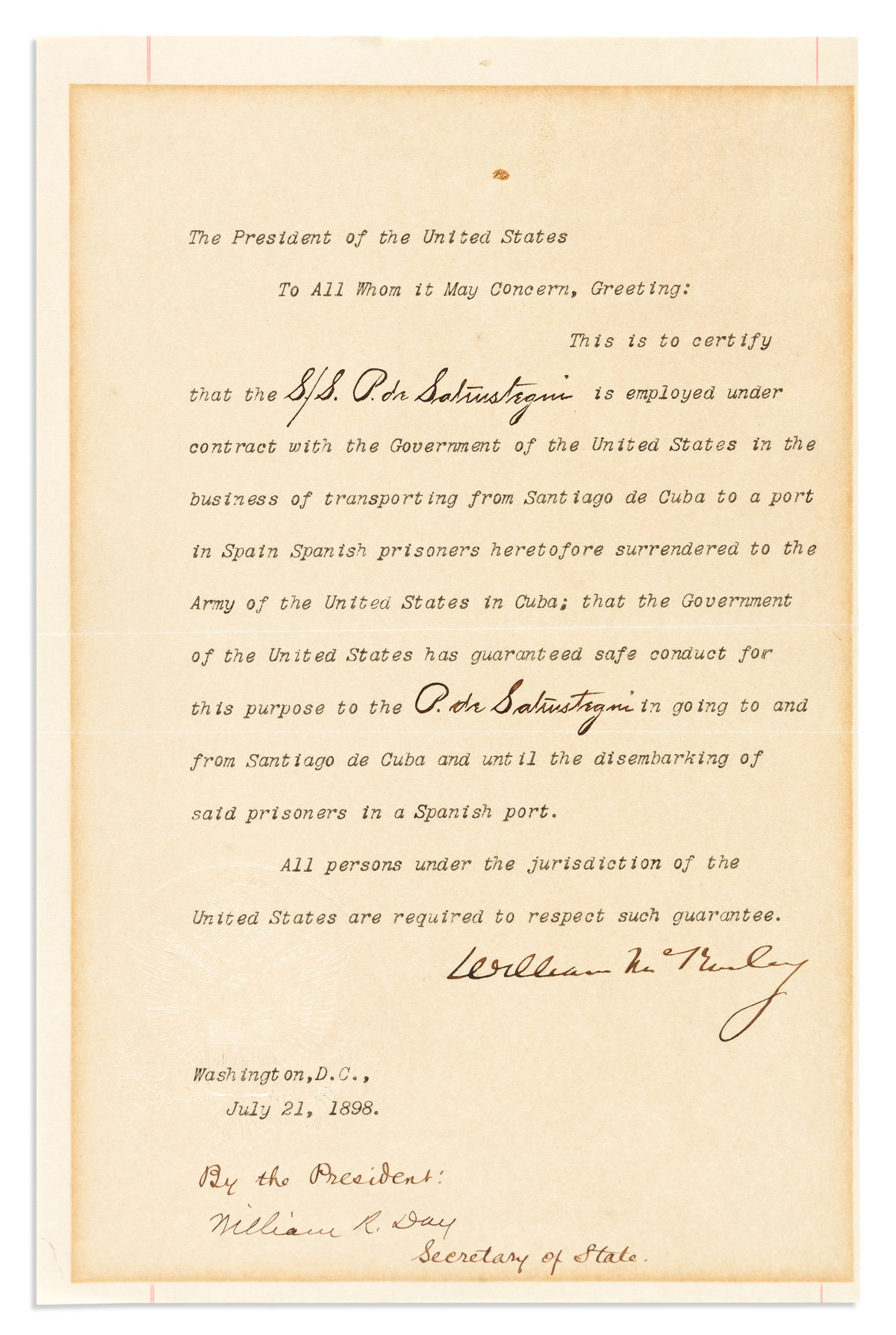 MCKINLEY, WILLIAM. Typed Document Signed, as President,